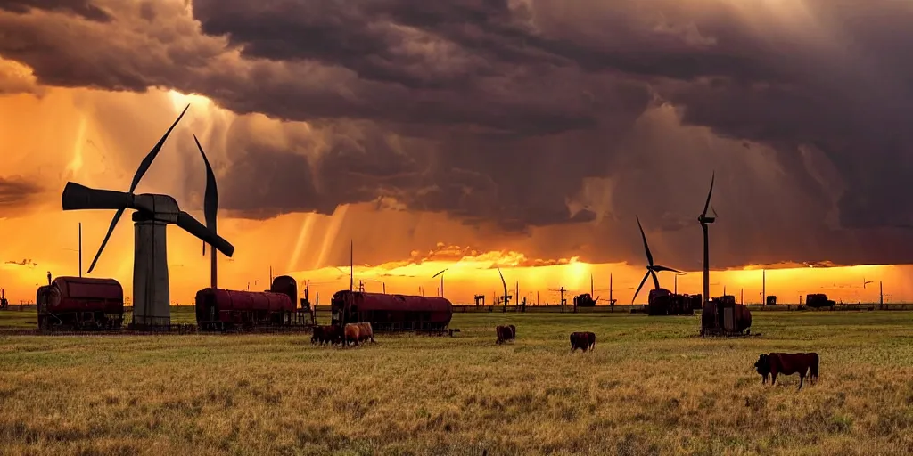 Prompt: photo of a stormy west texas sunset, perfect rustic pumpjack!, ( ( ( wind turbine ) ) ), abandoned train!!, horses!!!!!!, cows!!!!!!, high resolution lightning, golden hour, high detail, beautiful!!!