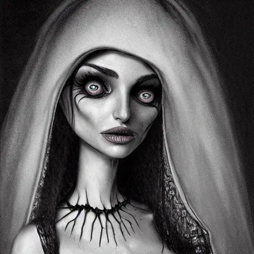 Prompt: michael karcz grunge drawing of natalie portman. , in the style of corpse bride, loony toons style, horror themed, detailed, elegant, intricate, trending on artstation, 4k