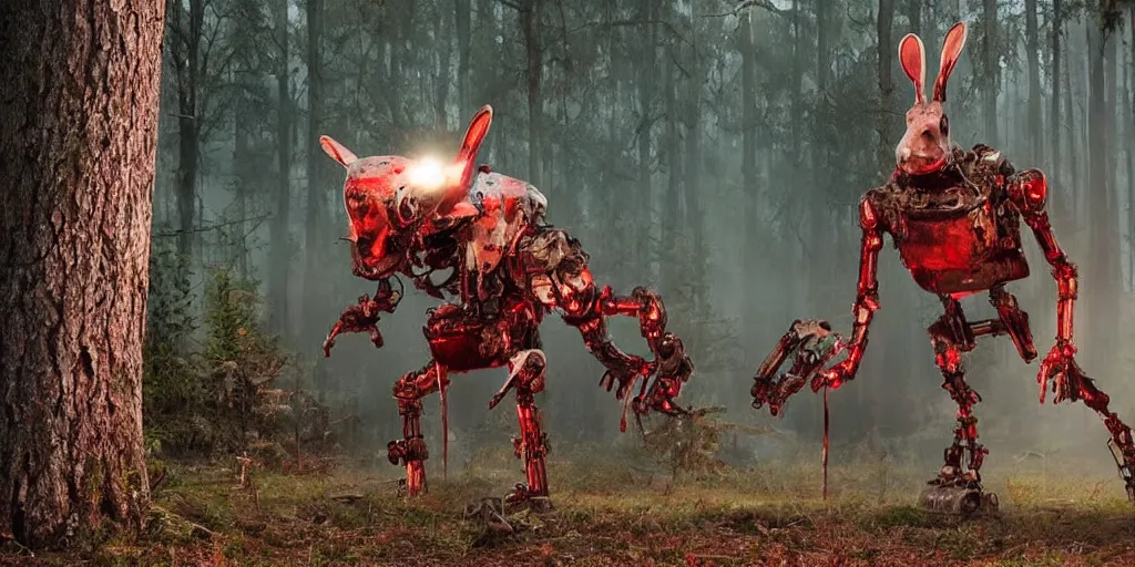 Prompt: horrifying huge robot - rabbit with blood dripping from it's mouth coming at you in old pine forest, movie scene, movie lighting, detailed, realistic