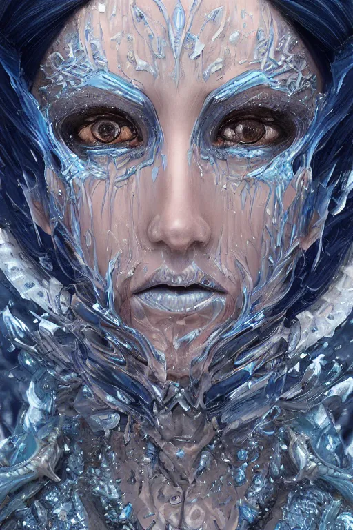 Image similar to Fantasy character portrait of distorted detailed painting of a queen woman made of ice, blue hues, ice blue, icy, hyper detailed, trending on Artstation