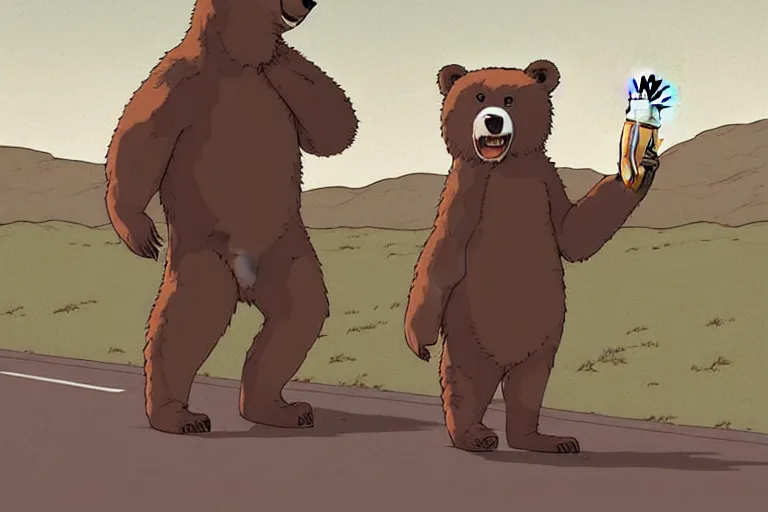 Image similar to a study of a cell shaded cartoon bear drinking a a beer on a desert road in front of a big moon, full body, wide shot, very muted colors, post grunge, studio ghibli, laurie greasley, highly detailed, deviantart, art by artgem