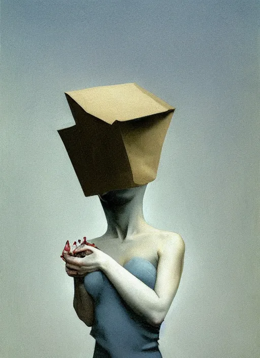 Prompt: woman in paper bag over the head flooded oxygen tank Edward Hopper and James Gilleard, Zdzislaw Beksinski, highly detailed