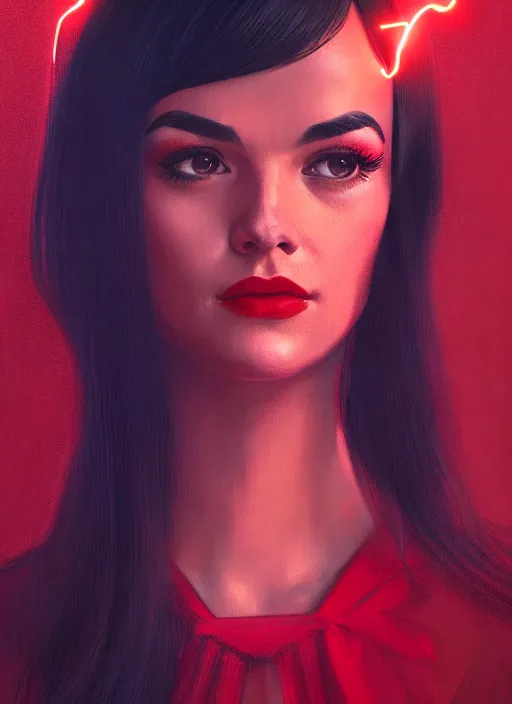 Image similar to portrait of veronica lodge with bangs, 1 9 6 0 s, long hair, red clothes, bangs, intricate, elegant, glowing lights, highly detailed, digital painting, artstation, concept art, smooth, sharp focus, illustration, art by wlop, mars ravelo and greg rutkowski