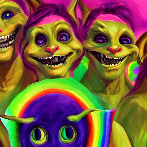 Prompt: painting of a happy goblin pride parade artstation rainbow color scheme