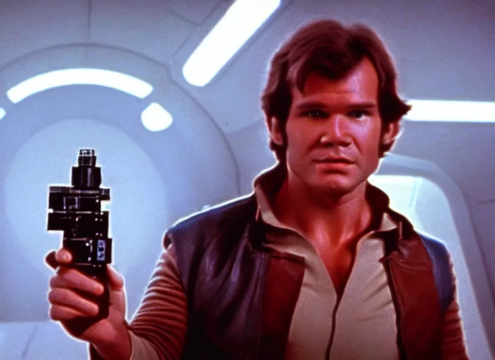 Image similar to screenshot of portrait Han Solo shooting his laser blaster, iconic scene from 1970s film by Stanley Kubrick, the lost Star Wars Film, moody hazy lighting, stunning cinematography, hyper-detailed, crisp, anamorphic lenses, kodak color film stock, 4k