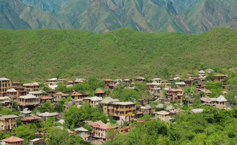 Image similar to green lush city with various trees and wooden buildings made from bamboo, built in death valley