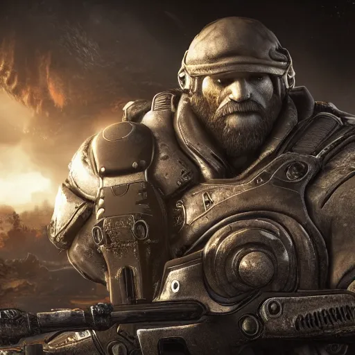 Image similar to Bob Ross in Gears of War, gloomy unreal engine 5 render