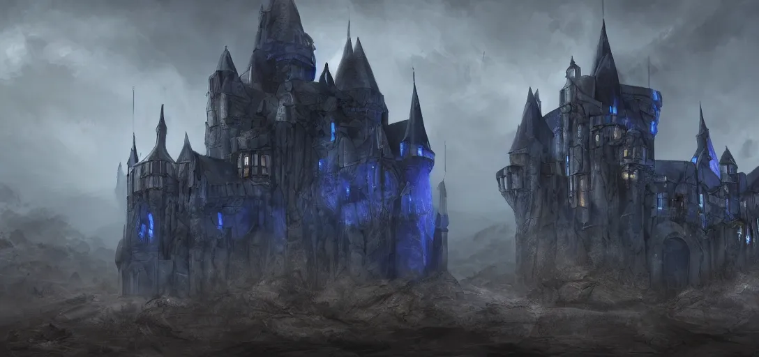 Prompt: A digital concept art painting of a dark blue medieval fantasy european ghotic castle with black brick in desert, 4K UHD image, unreal engine