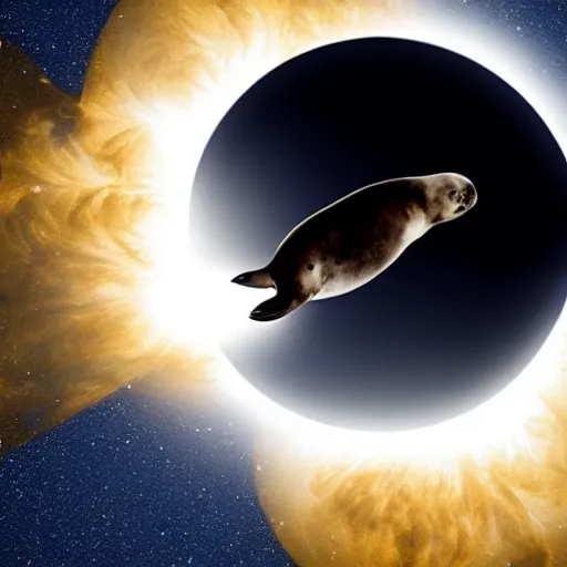 Image similar to a solar eclipse by a giant seal floating in space