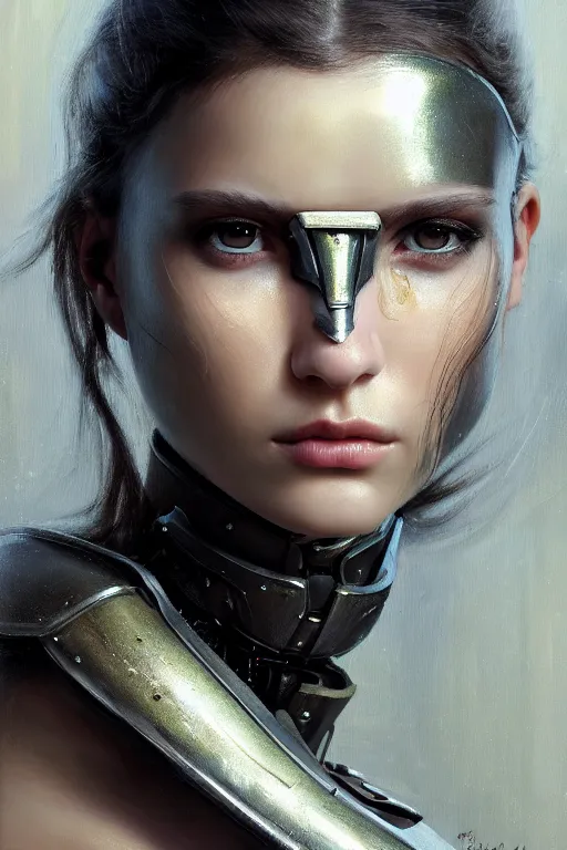 Image similar to a photorealistic painting of an attractive young girl, partially clothed in metal-plated battle armor, olive skin, long dark hair, beautiful bone structure, symmetrical face, perfect eyes, intricate, elegant, digital painting, concept art, illustration, sharp focus, minimal artifacts, from Metal Gear, in the style of Ruan Jia and Mandy Jurgens and Greg Rutkowski, trending on Artstation, award winning