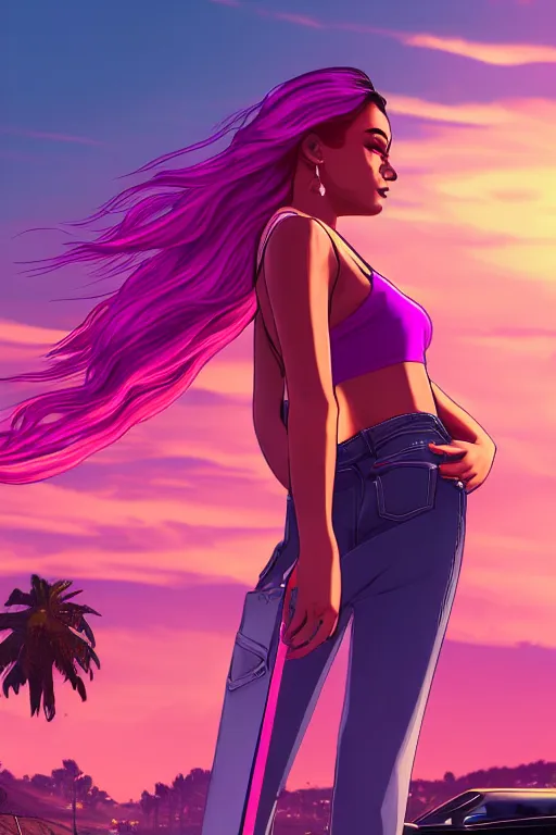 Image similar to a stunning GTA V loading screen with a beautiful woman with ombre purple pink hairstyle, hair blowing in the wind, sunset mood, outrun, vaporware, retro, digital art, trending on artstation