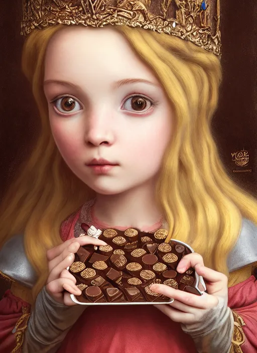 Image similar to highly detailed closeup portrait of a fairytale medieval princess eating chocolate cookies, unreal engine, nicoletta ceccoli, mark ryden, lostfish, earl norem, global illumination, god rays, detailed and intricate environment