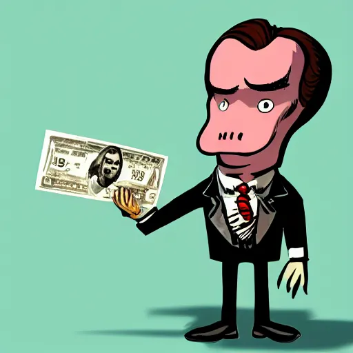 Image similar to multicolo saul goodman holding money by gary baseman in 4 k ultra high resolution, with depressive feeling