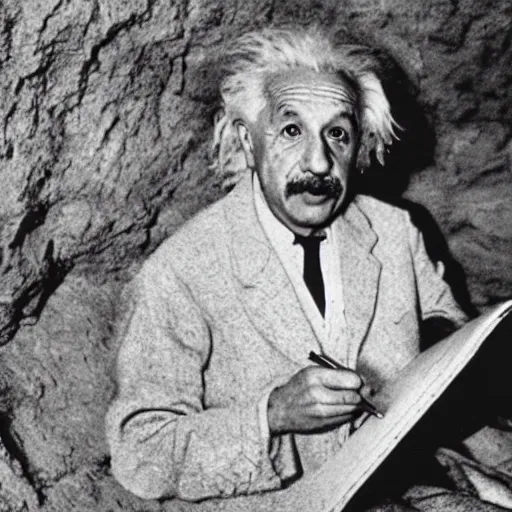 Prompt: Albert Einstein as a neanderthal writing equations on the wall of a cave
