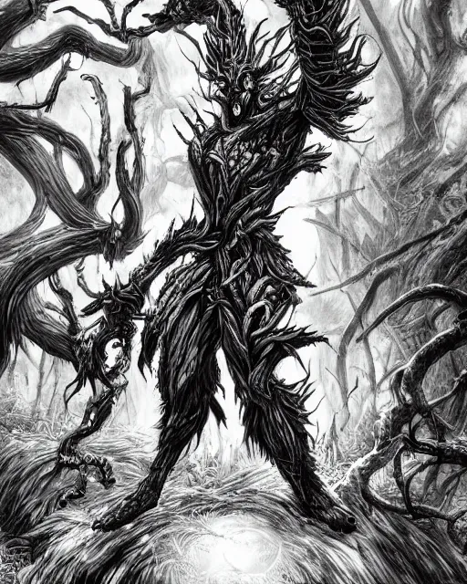 Image similar to A forest elemental, terrifying, black and white, fantasy art, monster art, in the style of masami kurumada, illustration, epic, fantasy, intricate, hyper detailed, artstation, concept art, smooth, sharp focus, ray tracing