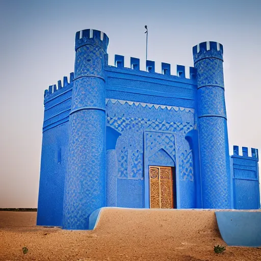 Image similar to Islamic castle with blue walls in Iraq, professional photo shoot,