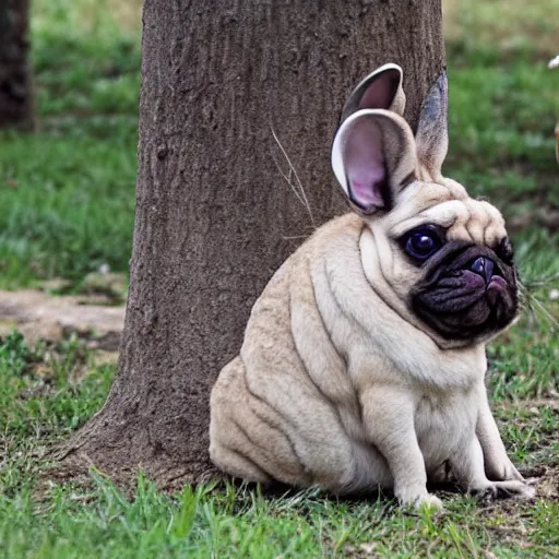 Image similar to a Rabbit-Pug Hybrid, A Rabbit that looks like a pug, huge tusks, afternoon hangout, good times photograph, candid