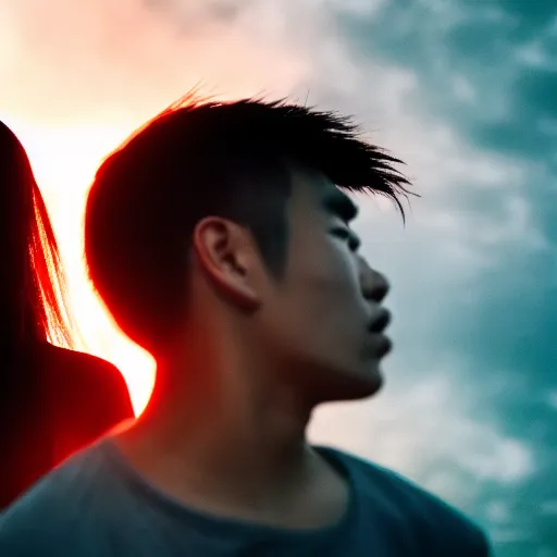 Image similar to photographic portrait, last battle on earth between a young asian woman and young man, sky in flames, apocalyptic, cinematic lighting, dark lighting, award winning, 8 k