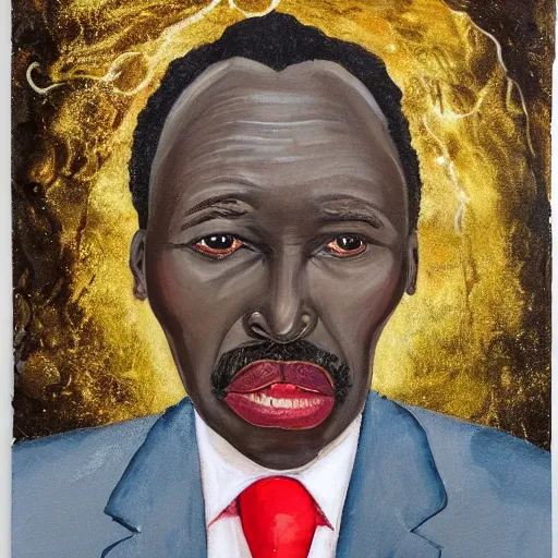 Image similar to a painting of a loving, caring fatherly wide forehead, aquiline nose, round face, XXL , generous, ever-present, humble, wise elder from Kenya in a silver suit and red tie by Wangechi Mutu . Fatherly/daddy, focused, loving, leader, relaxed. Gold background, heavenly lights, details, smooth, sharp focus, illustration, realistic, cinematic, artstation, award winning, rgb , unreal engine, octane render, cinematic light, macro, depth of field, blur, light and clouds, highly detailed epic cinematic concept art CG render made in Maya, Blender and Photoshop, octane render, excellent composition, dynamic dramatic cinematic lighting, aesthetic, very inspirational, arthouse.