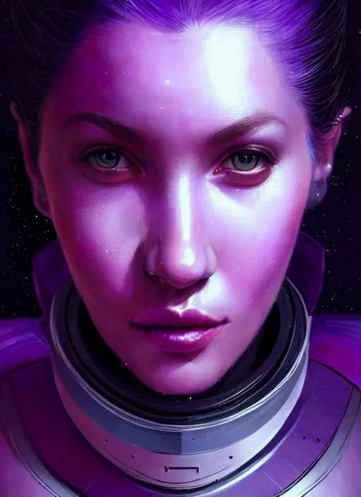 Image similar to top down lighting, extreme close up, stunning portrait of a woman in purple leather future armor with a long black ponytail, with space and stars around her, spaceship hallway, intricate, mood lighting, highly detailed, digital painting, artstation, concept art, smooth, sharp focus, illustration, art by wlop, mars ravelo and greg rutkowski