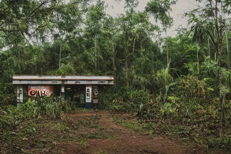 Prompt: an abandoned gas station in a jungle during nighttime and rain, dslr photo