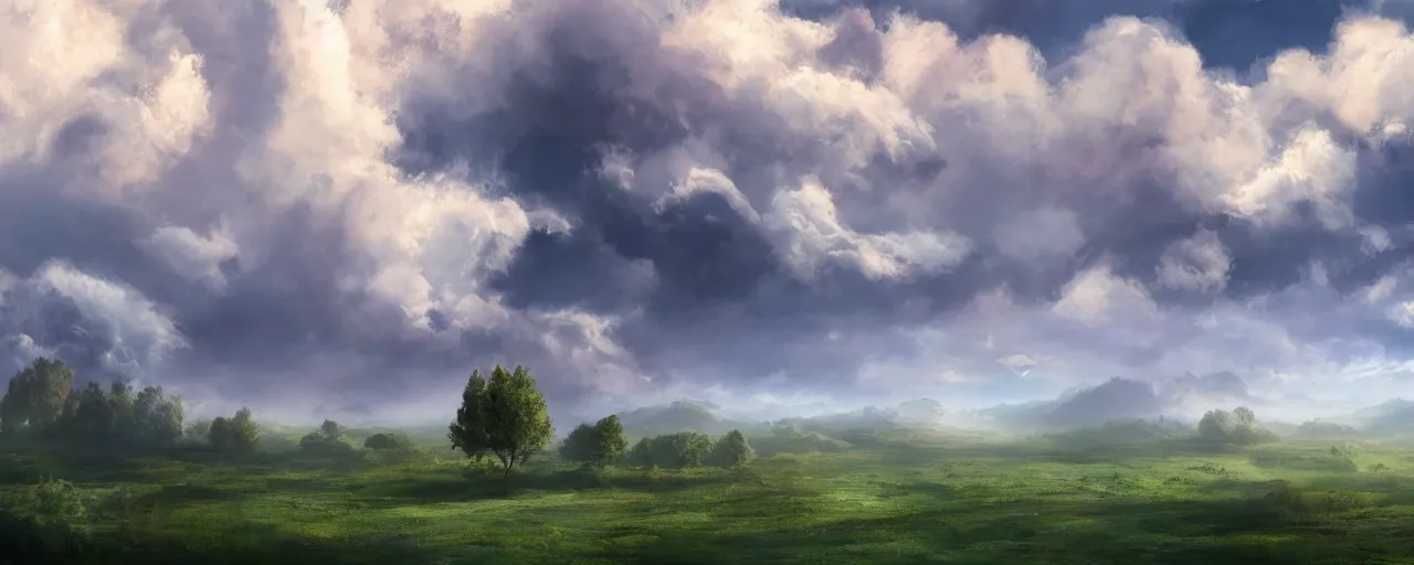 Image similar to peaceful puffy clouds, matte painting, concept art, 4k