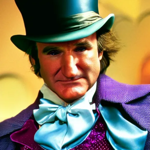 Image similar to stunning awe inspiring robin williams as willy wonka, movie still 8 k hdr atmospheric lighting