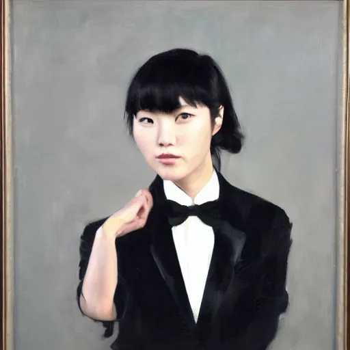 Image similar to portrait of a beautiful korean girl with long hair and bangs wearing a men's tuxedo, angular features, oil on canvas, elegant pose, masterpiece, Jonathan Yeo painting