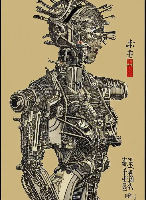 Prompt: 2 d illustration, grained risograph, vintage horror sci - fi portrait of a futuristic silver armored geisha district 9 cyborg, parallax, fractal, intricate, elegant, highly detailed, by jheronimus bosch and moebius louis jacques mande daguerre and szukalski
