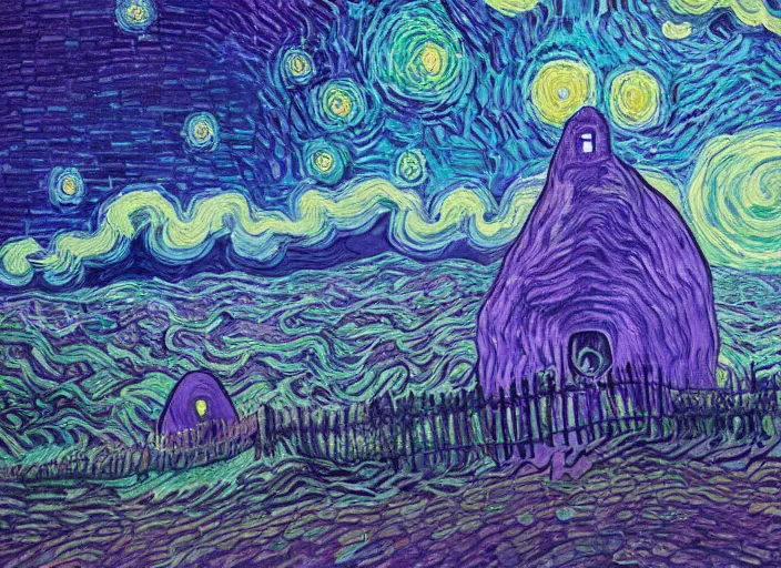 Image similar to detailed painting of a mysterious house inside a giant purple mushroom, mystical dark purple alien landscape at night, dark purple sky, blue bioluminescent life, in the style of studio ghibli and vincent van gogh and claude monet