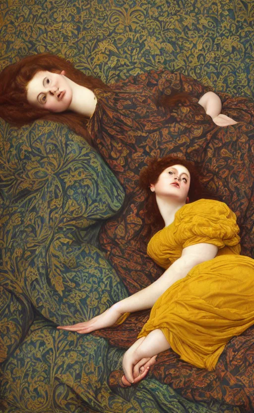 Prompt: preraphaelite full body reclining portrait photography masterpiece, facial features are a hybrid of judy garland and a thin jo brand, thin, aged 2 5, perfectly poised, foreshortening, brown hair fringe, yellow ochre ornate medieval dress, frederic leighton, background by william morris and kilian eng, framed, 4 k