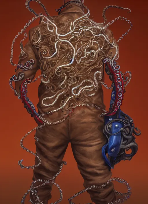 Prompt: !dream a highly detailed illustration of thick curly haired young guy wearing brown coat and face mask, with red and blue biker gloves, with wire tentacles on his back, dramatic standing pose, intricate, elegant, highly detailed, centered, digital painting, artstation, concept art, smooth, sharp focus, league of legends concept art, WLOP