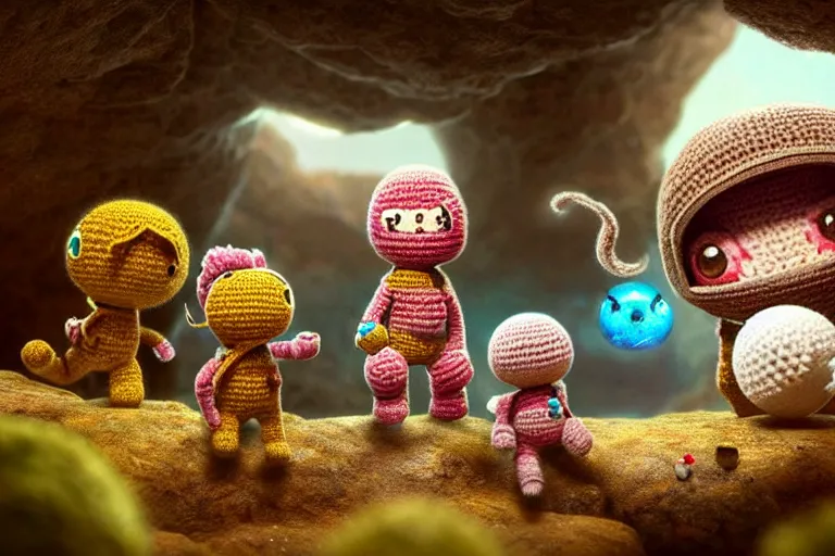 Prompt: an expedition of crochet cute astronauts discovering a new cave underground. cute, illustration, digital art, inspired by little big planet, by greg rutkowski, detailed, sharp, masterpiece, highly detailed, photorealistic, octane render, 8 k, unreal engine 5, trending on artstation, vivid colors