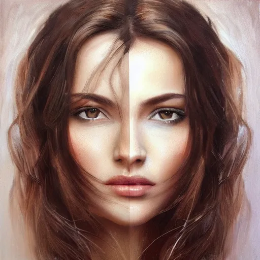 Image similar to beautiful portrait face centre oil on canvas of brunette with wavy hair Ebru Şahin, Reyyan, intricate, elegant, highly detailed, artstation, concept art, sharp focus, art by Alina Ivanchenko, Rob Ross, WLUP, artgerm