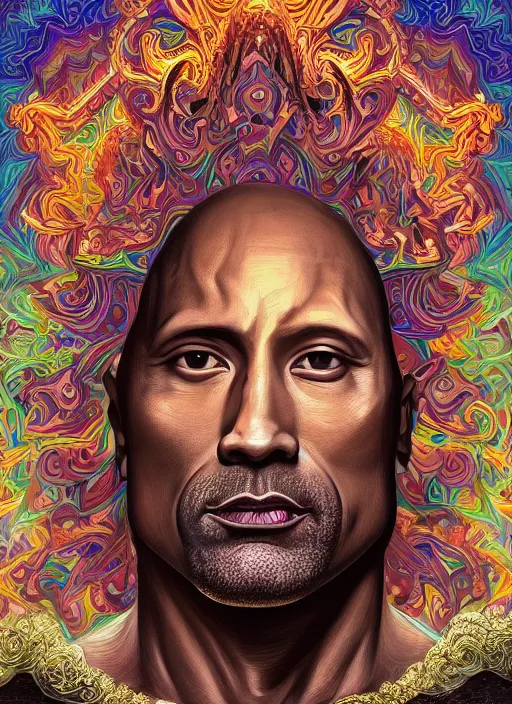 Image similar to beautiful oil painting, portrait of Dwayne the rock Johnson as Louis xiv in coronation robes 1701, Dan Mumford, Dan Mumford, Alex grey, Alex grey, lsd visuals, dmt fractal patterns, entheogen, psychedelic, hallucinogen, highly detailed, ornate, vaporwave