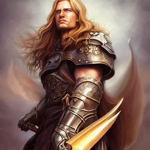 Image similar to portrait, handsome long - haired male fantasy paladin, blond, rpg game, stern expression, main character, highly detailed, digital painting, artstation, concept art, smooth, sharp focus, illustration, artgerm, tomasz alen kopera, peter mohrbacher, donato giancola, joseph christian leyendecker, wlop, frank frazetta