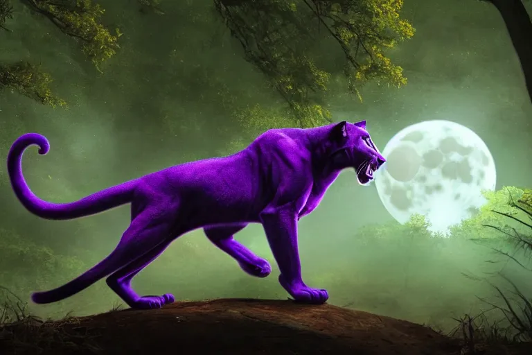 Prompt: a purple colored panther roaring in a forest during the night, large moon in the center. high quality. illustration. 4 k. cinematic. photoreal. highly detailed. artstation. dramatic. darkness. moon.