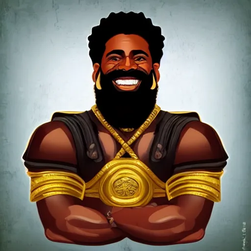 Prompt: brown skin man with a giant grin, thick black beard, wild black hair, bulging muscles, shiny plain bronze metal armour. in the style of soviet propaganda. vivid colours.