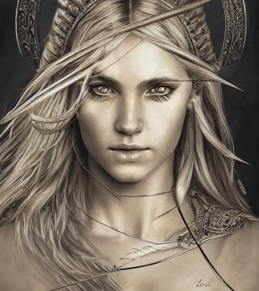 Prompt: portrait of very beautiful aphrodite goddess as an archer, arrow, beautiful piercing eyes, flowing blonde hair, realistic face, black and white drawing, in the style of greg rutkowski, fantasy, amazing detail, epic, intricate, elegant, smooth, sharp focus