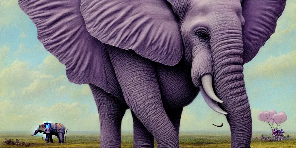 Image similar to a single purple elephant flying in the air like dumbo during a storm, close up of elephant with ground behind, illustration, detailed, smooth, soft, warm, by Adolf Lachman, Shaun Tan, Surrealism