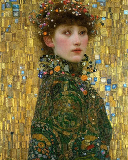 Image similar to an elf princess by Gustav Klimt and edgar maxence