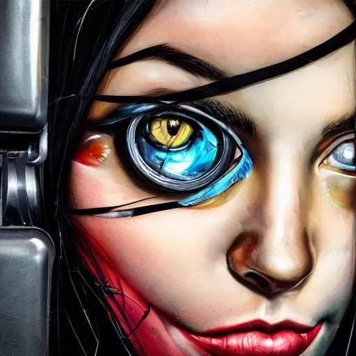 Image similar to a portrait of beautiful, mischievous, young woman by sandra chevrier, detailed render, tape deck, boombox, headphones, epic composition, cybernetics, 4 k realistic, cryengine, realistic shaded lighting, sharp focus, masterpiece, by matteo scalera, gary montalbano, peter elson in the style of the tokyo ghost comic