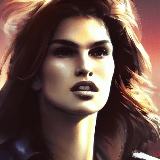 Image similar to a closeup portrait of a young cindy crawford, dramatic light, city background, sunset, high contrast, sharp, painted by stanley lau, painted by greg rutkowski, painted by stanley artgerm, digital art, trending on artstation