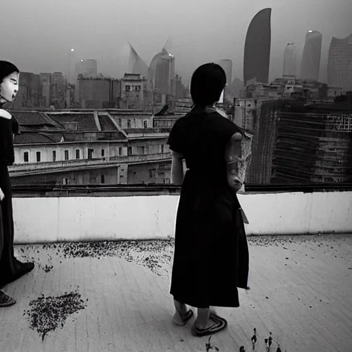 Prompt: a small rooftop with a couple of modern teenagers, standing and talking to each other, highly detailed, wearing black modern clothes, modern shanghai bund is on the background, dust, sunset, by gregory crewdson