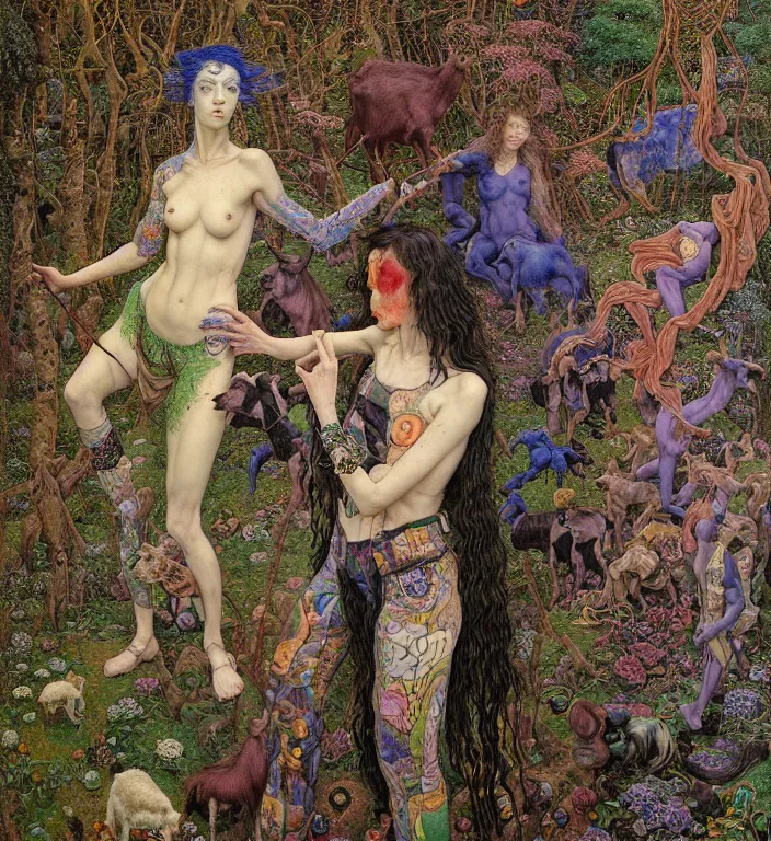 Image similar to pixelated corrupted professional pre-raphaelite defined colours 4k uncropped photo of a fully clothed punk person in the cyberpunk forest with a goat and a robot by Ivan Bilibin, Austin Osman Spare, high quality, ultra detailed. Beksinski painting, part by Adrian Ghenie and Gerhard Richter. art by Takato Yamamoto. masterpiece, oil on canvas painting, pixelart, vivid acid neon colours. Futurism by beksinski carl spitzweg moebius and tuomas korpi. baroque elements. baroque element. intricate artwork by caravaggio. Oil painting. Trending on artstation. 8k