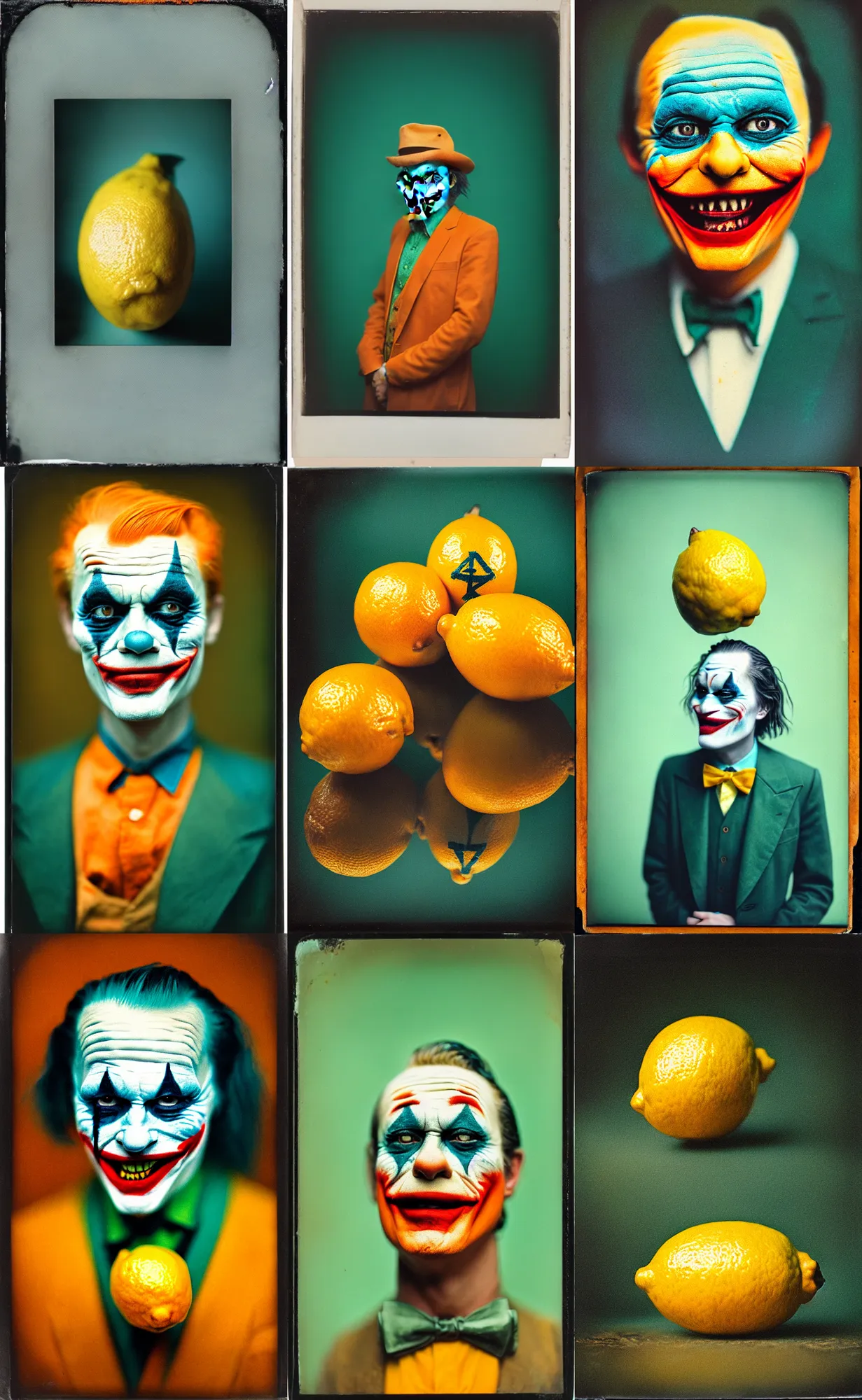 Image similar to kodak portra 4 0 0, wetplate, 8 k, shot of a highly detailed, britt marling style, colour still - life portrait of a lemon looks like 1 9 9 9 joker, teal and orange, muted coloures