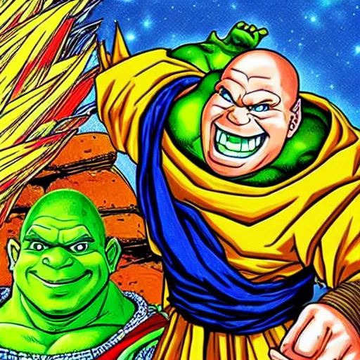 Image similar to portrait of shrek going super saiyan 3, by Akira Toriyama