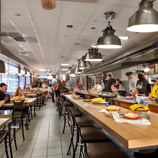 Image similar to busy wafflehouse interior with customers eating breakfast and wafflehouse employees serving food and cooking behind countertop