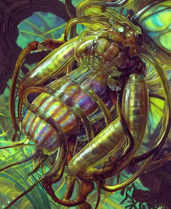 Image similar to opulent colorful transparent clear see - through portrait of a terrifying beautiful male alien isopod cyborg, mottled coloring, adorable, childlike, overgrown biopunk jungle environment, ultra realistic, concept art, art nouveau, photorealistic, octane render, 8 k, unreal engine. art by christopher marley and artgerm and greg rutkowski and alphonse mucha