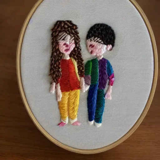 Image similar to a tiny beautiful handmade embroidery of two siblings, an older sister with curly brown hair and a younger brother with straight blonde hair. hand embroidery.